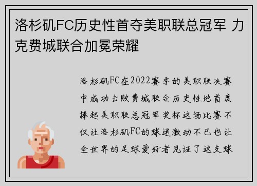 洛杉矶FC历史性首夺美职联总冠军 力克费城联合加冕荣耀