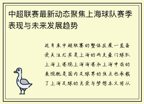 中超联赛最新动态聚焦上海球队赛季表现与未来发展趋势