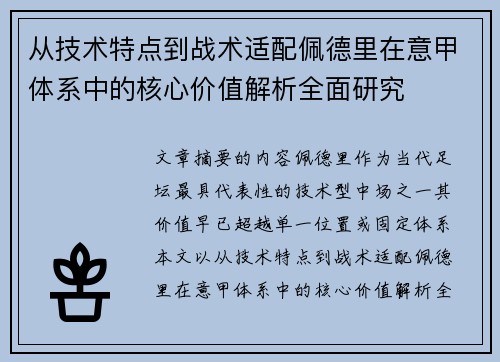 从技术特点到战术适配佩德里在意甲体系中的核心价值解析全面研究